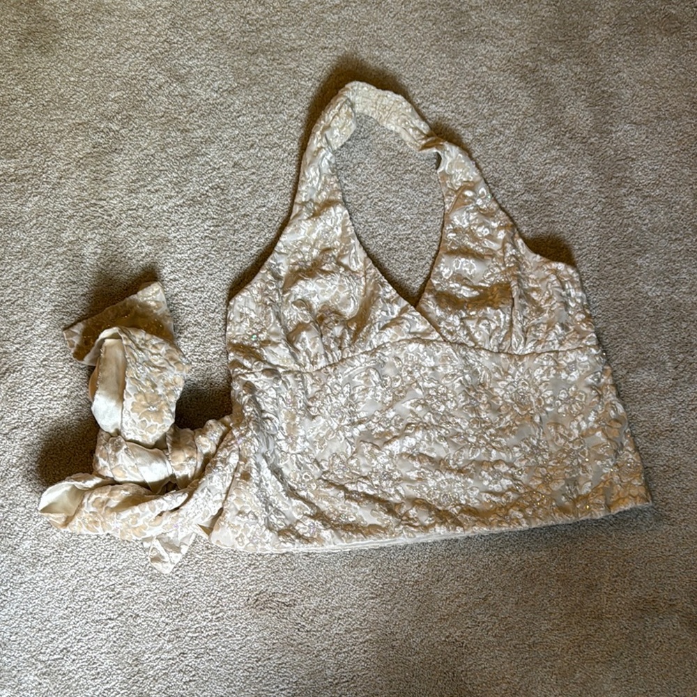Elegant Velvet Cream Beaded Halter Top